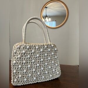 Unique Vintage Cream Woven Tote With White Beaded Details. Made in Italy